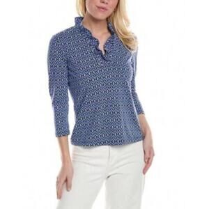 J. McLaughlin Blue Printed Durham Catalina Cloth Ruffled 3/4 Blouse